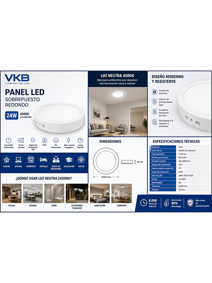 Panel Led Sobrepuesto Redondo 24W 4000K Vkb 2