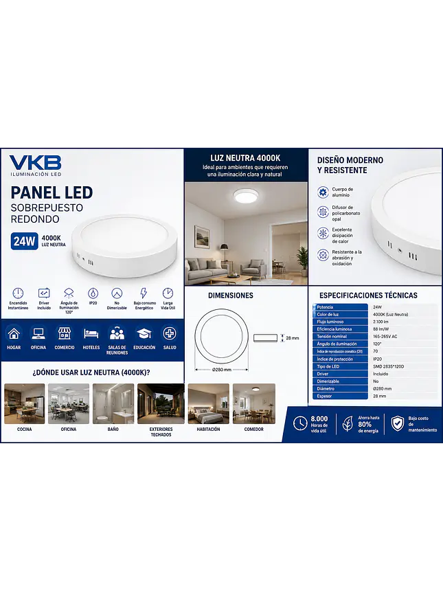 Panel Led Sobrepuesto Redondo 24W 4000K Vkb 2