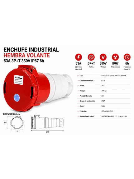 Enchufe Industrial Hembra Volante 63a 3p+t 380v Ip67 6h 2