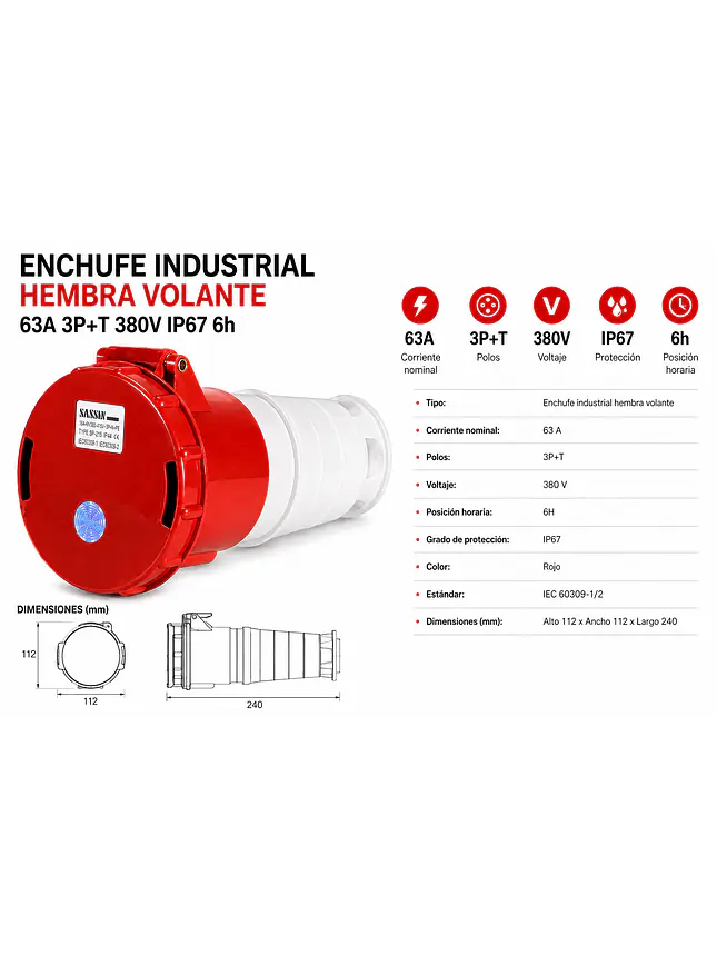 Enchufe Industrial Hembra Volante 63a 3p+t 380v Ip67 6h 2