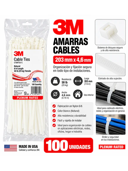 AMARRAS CABLES 3M 203MM X 4,6MM BLANCO 100 UNIDADES 2