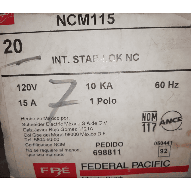 INTERRUPTOR TERMOMAGNETICO STAB-LOCK NCM115 MCA. FEDERAL PACIFIC 