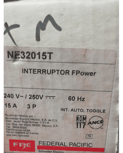 Interruptor Termomagnetico MOD. NE32015T MCA. FEDERAL PACIFIC