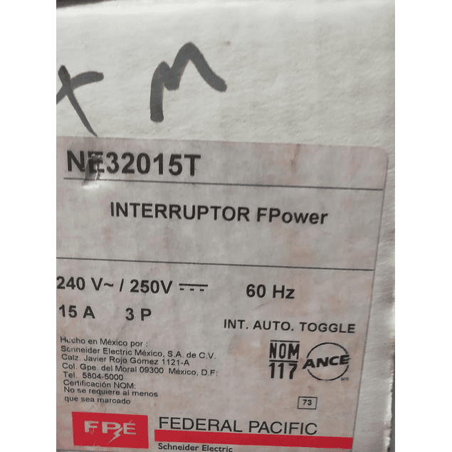 Interruptor Termomagnetico MOD. NE32015T MCA. FEDERAL PACIFIC