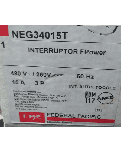 Interruptor Termomagnetico MOD. NEG34015T MCA. FEDERAL PACIFIC