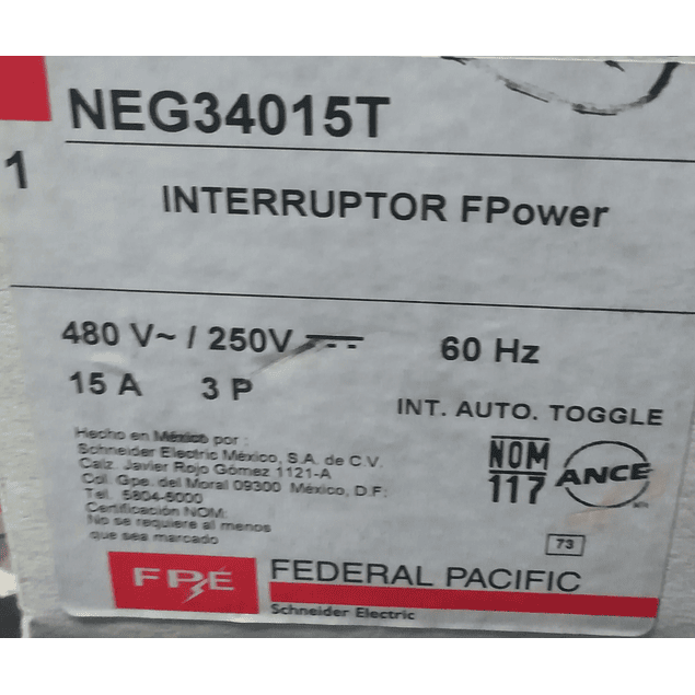 Interruptor Termomagnetico MOD. NEG34015T MCA. FEDERAL PACIFIC