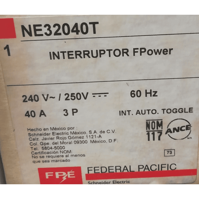 Interruptor Termomagnetico MOD. NE32040T MCA. FEDERAL PACIFIC