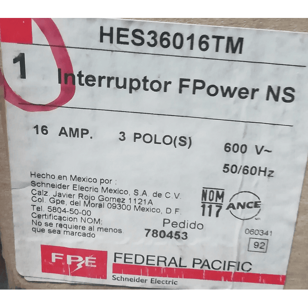 Interruptor MOD. HES36016TM MCA. FEDERAL PACIFIC