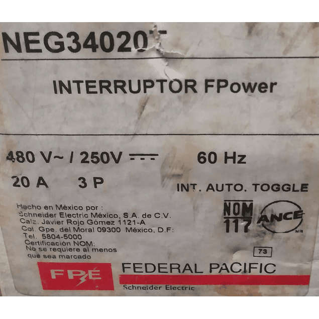 Interruptor Termomagnetico MOD. NEG34020T MCA. FEDERAL PACIFIC