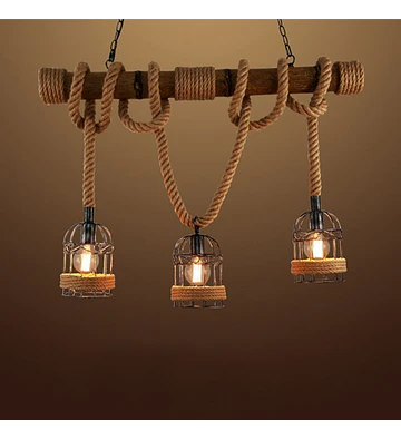 LAMPARA COLGANTE 3 LUCES BASE METALICA CUERDAS TIPO CABO