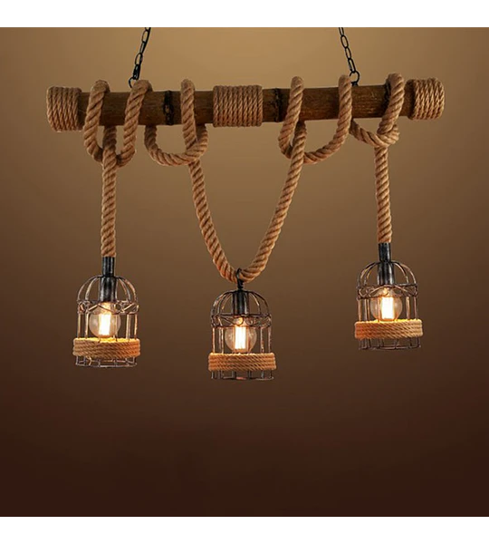 LAMPARA COLGANTE 3 LUCES BASE METALICA CUERDAS TIPO CABO