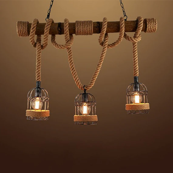 LAMPARA COLGANTE 3 LUCES BASE METALICA CUERDAS TIPO CABO