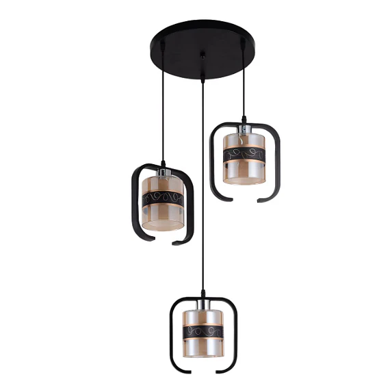 LAMPARA COLGANTE 3LUCES E27 PANTALLA DE MADERA CON FIGURAS INTERIOR VIDRIO