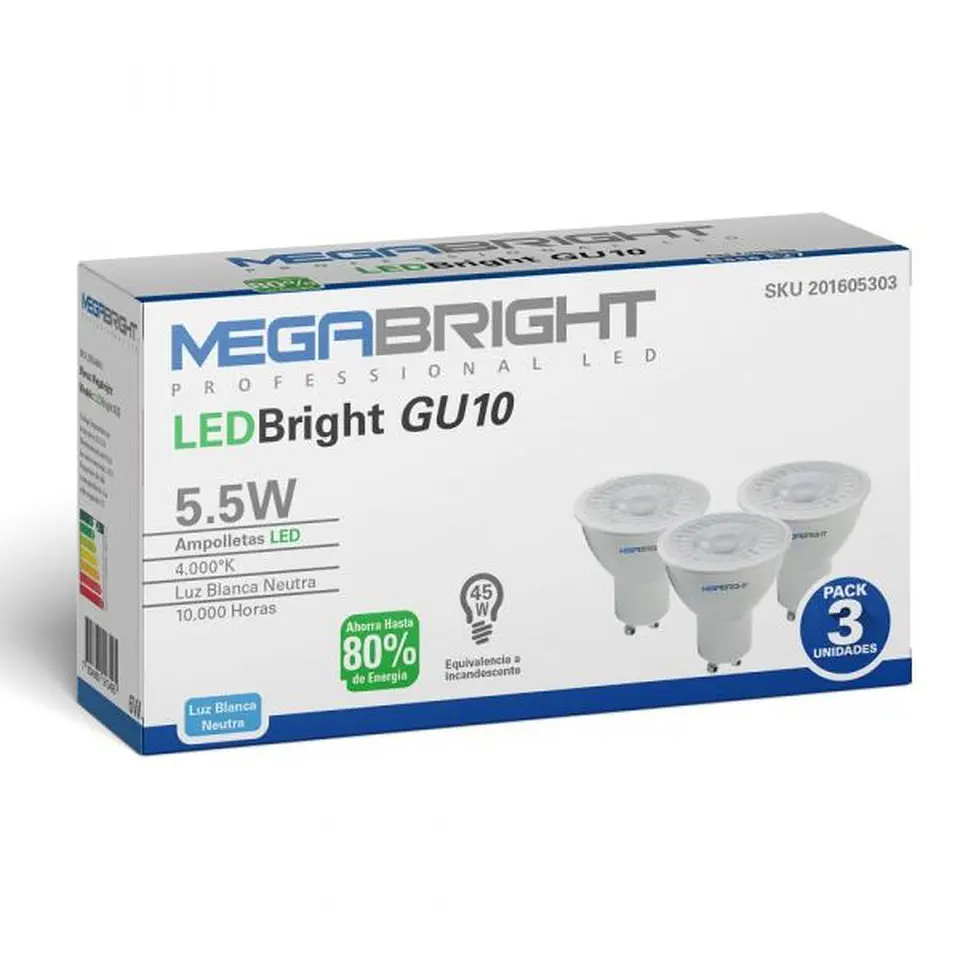 Pack 3 Ampolleta Led 5.5W Luz Neutra GU10 1