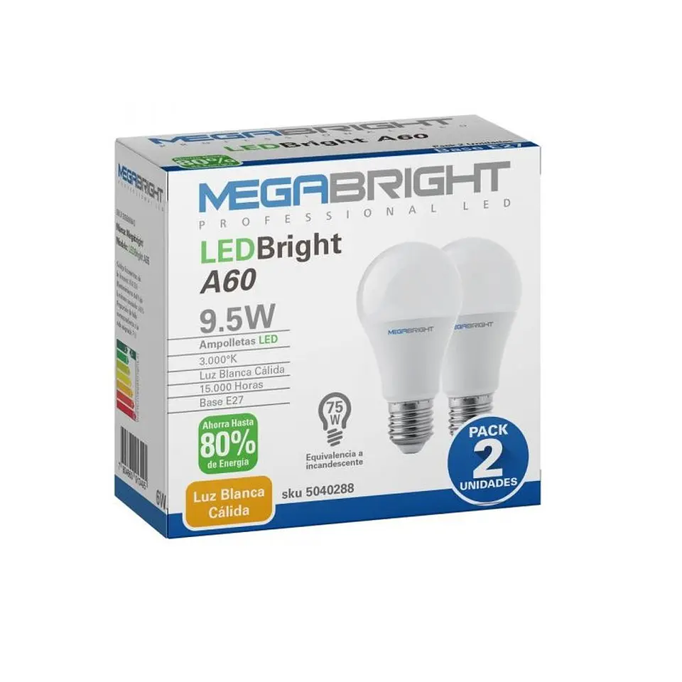 Pack X2 Ampolleta Led Bright A60 Bulbo 9.5w Luz Blanca Cálida 3000k E-27 1