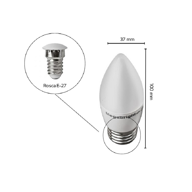 Pack 3un Ampolleta Led Vela 5w/Luz calida E27 Megabright 3