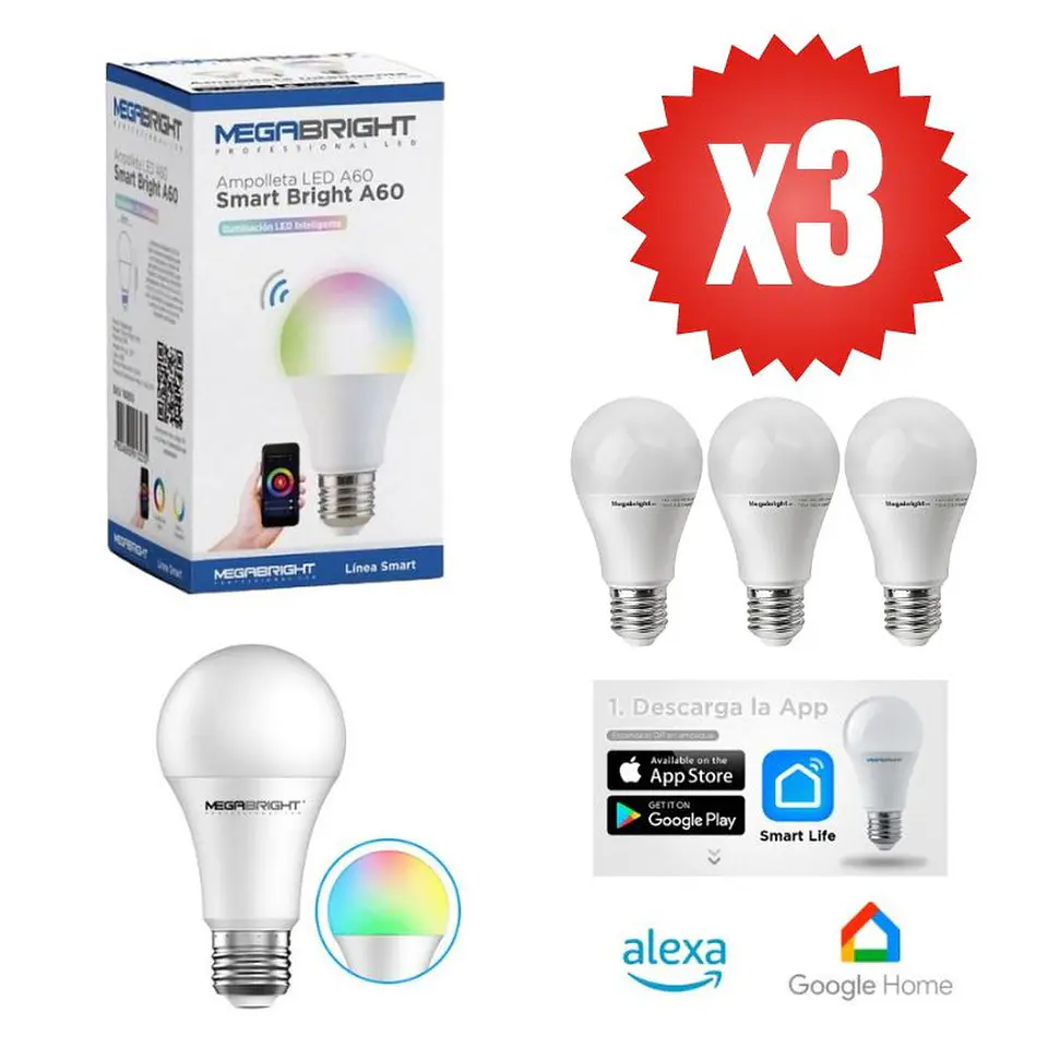Pack 3 Ampolleta LED Smart Wifi 10w E27 Google Home Alexa 4