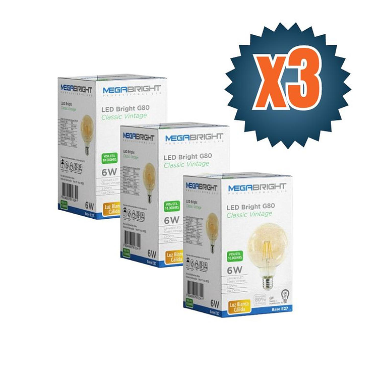 Pack 3un Ampolleta LED Bright Classic Vintage G80 6W 3000K 2
