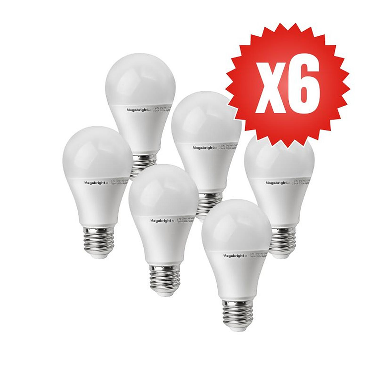 Pack 6un Ampolleta LED 15W/3000k Luz Calida E27 Megabright 2