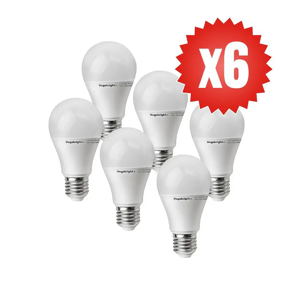 Pack 6un Ampolleta LED 15W/3000k Luz Calida E27 Megabright 2