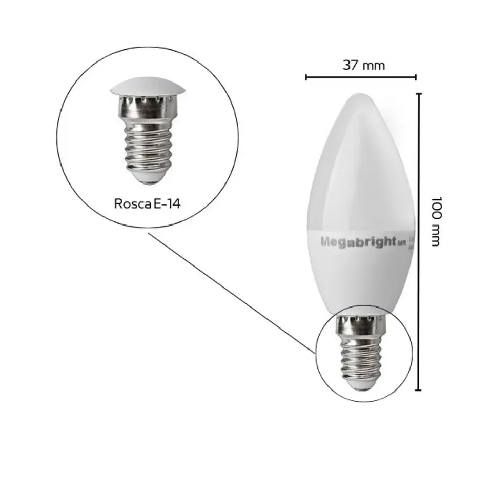 Pack 3un Ampolleta Led Vela 5w/Luz fria E14 Megabright 3