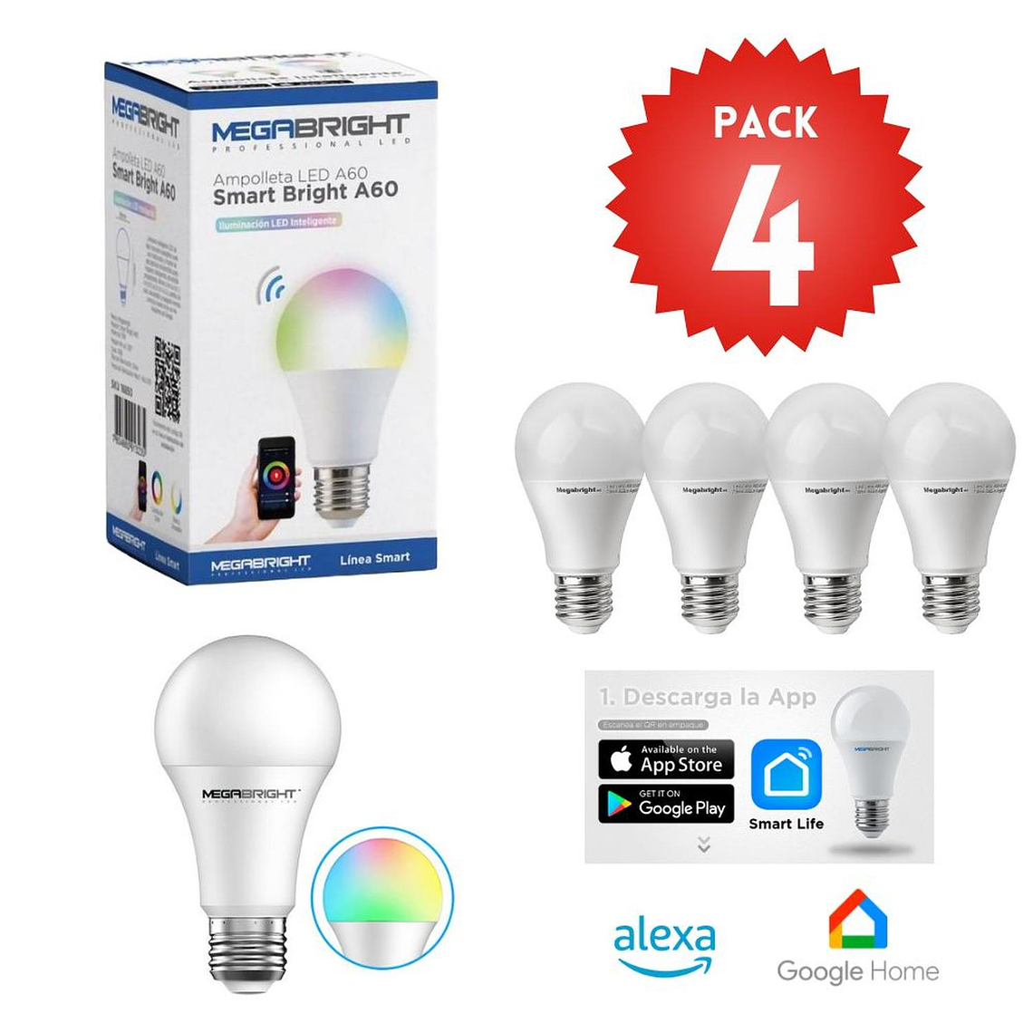 Pack 4 Ampolleta LED Smart Wifi 10w E27 Google Home Alexa 3