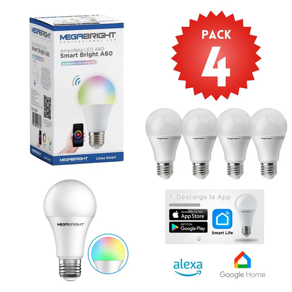 Pack 4 Ampolleta LED Smart Wifi 10w E27 Google Home Alexa 3