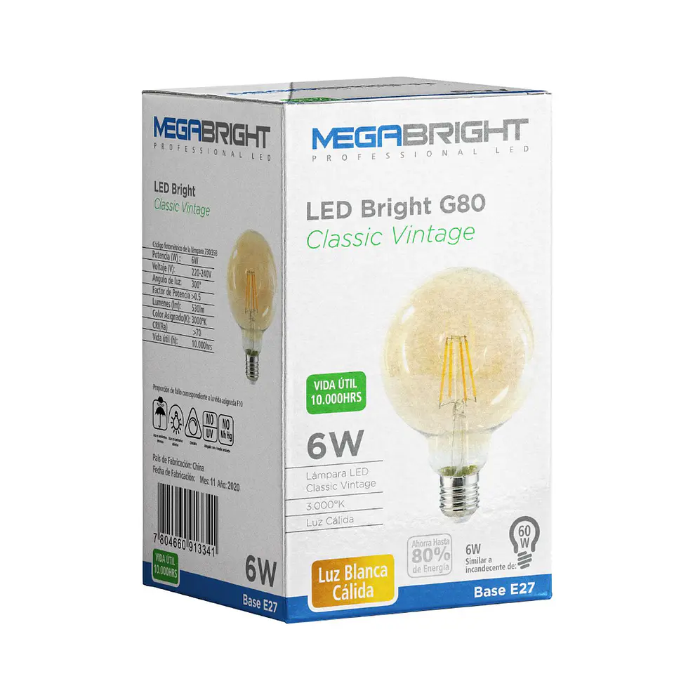 Ampolleta Led Classic Vintage G80 6W Luz Blanca Cálida 3000k 2