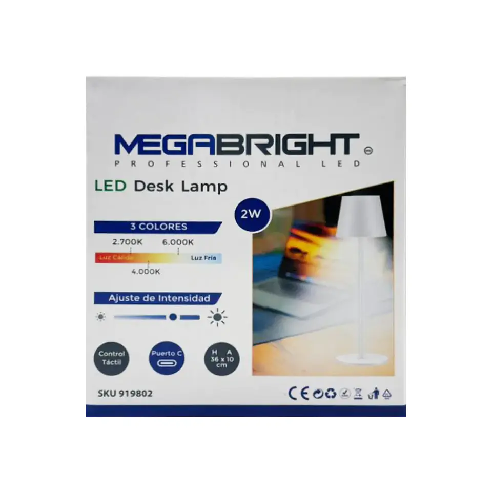 Lámpara de Mesa LED 2W Recargable Megabright Blanca: 3 Tonos de Luz y USB-C 3