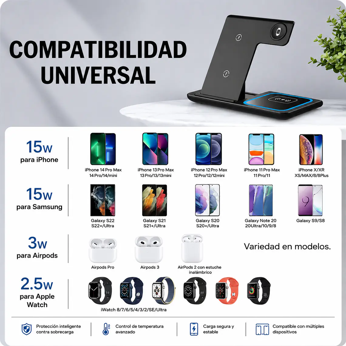 Cargador Inalámbrico 3 en 1 Pro Estación de Carga Rápida 15W Plegable 2