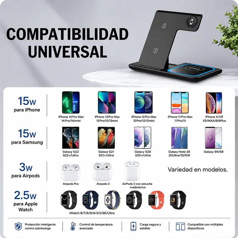 Cargador Inalámbrico 3 en 1 Pro Estación de Carga Rápida 15W Plegable 2