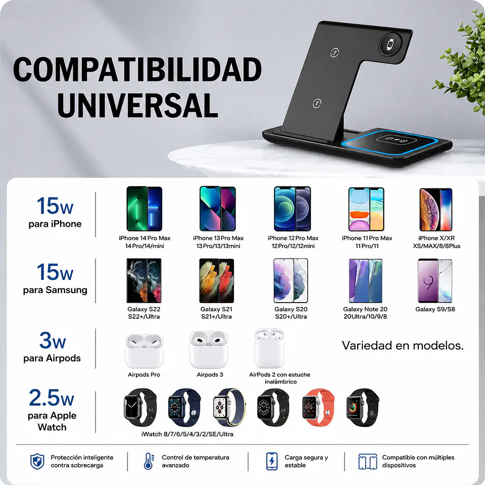 Cargador Inalámbrico 3 en 1 Pro Estación de Carga Rápida 15W Plegable 2