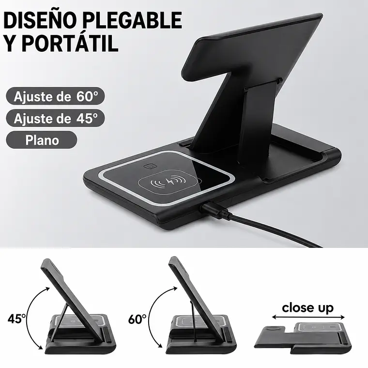 Cargador Inalámbrico 3 en 1 Pro Estación de Carga Rápida 15W Plegable 4