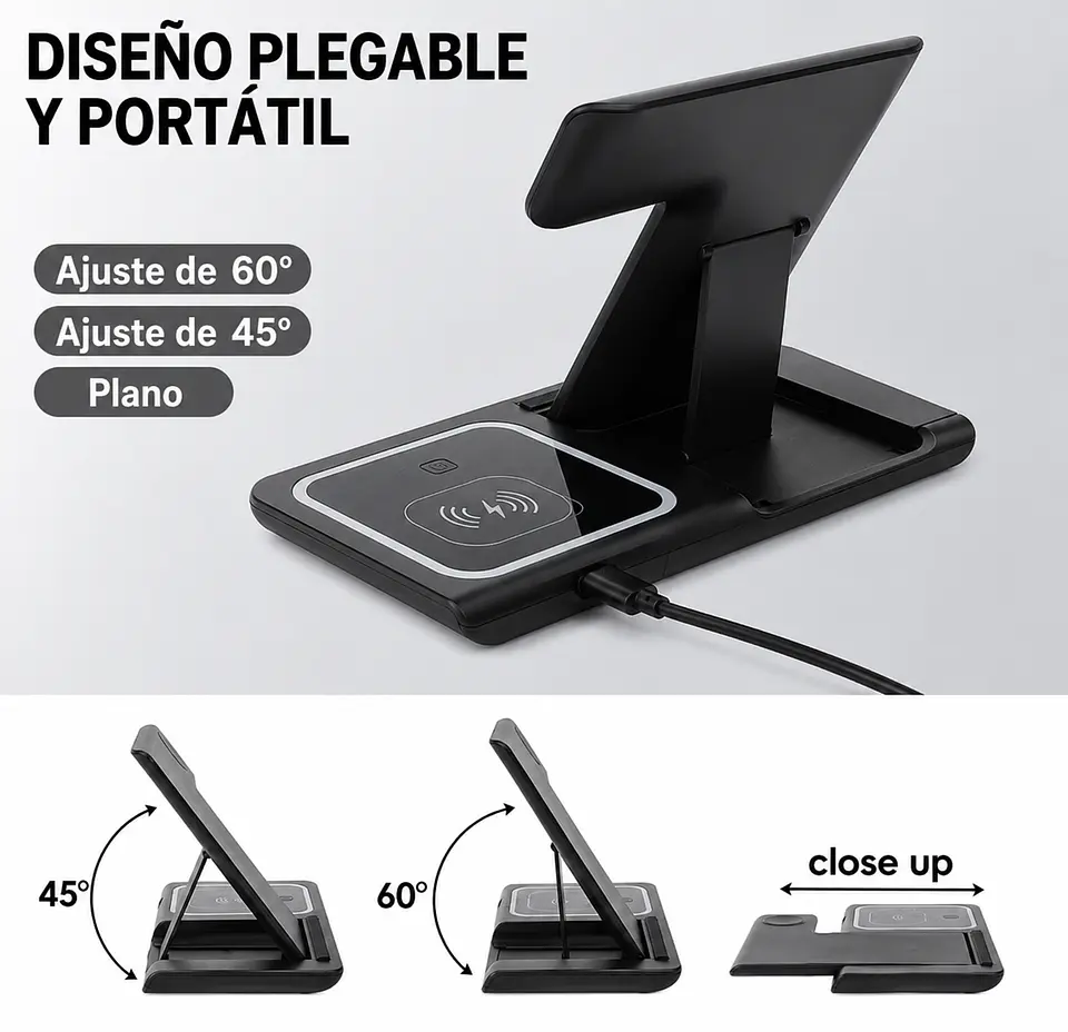 Cargador Inalámbrico 3 en 1 Pro Estación de Carga Rápida 15W Plegable 4