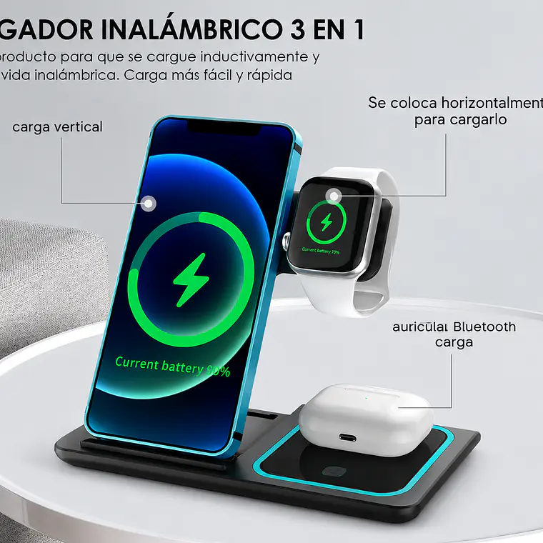 Cargador Inalámbrico 3 en 1 Pro Estación de Carga Rápida 15W Plegable 5
