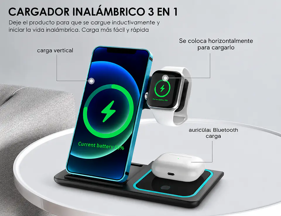Cargador Inalámbrico 3 en 1 Pro Estación de Carga Rápida 15W Plegable 5