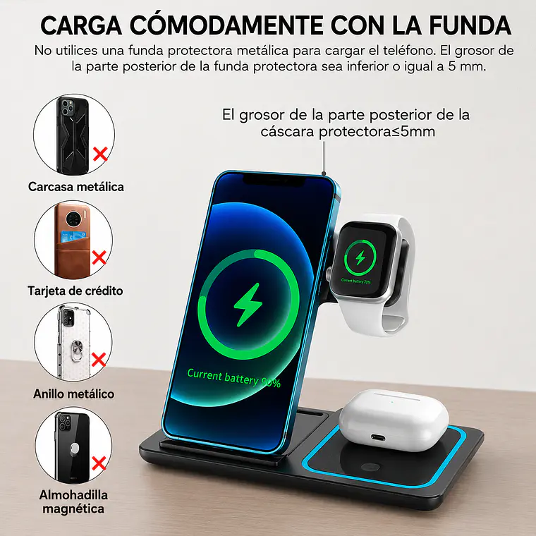Cargador Inalámbrico 3 en 1 Pro Estación de Carga Rápida 15W Plegable 6