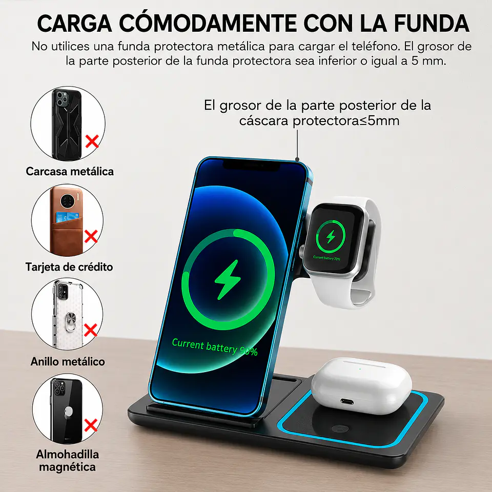 Cargador Inalámbrico 3 en 1 Pro Estación de Carga Rápida 15W Plegable 6