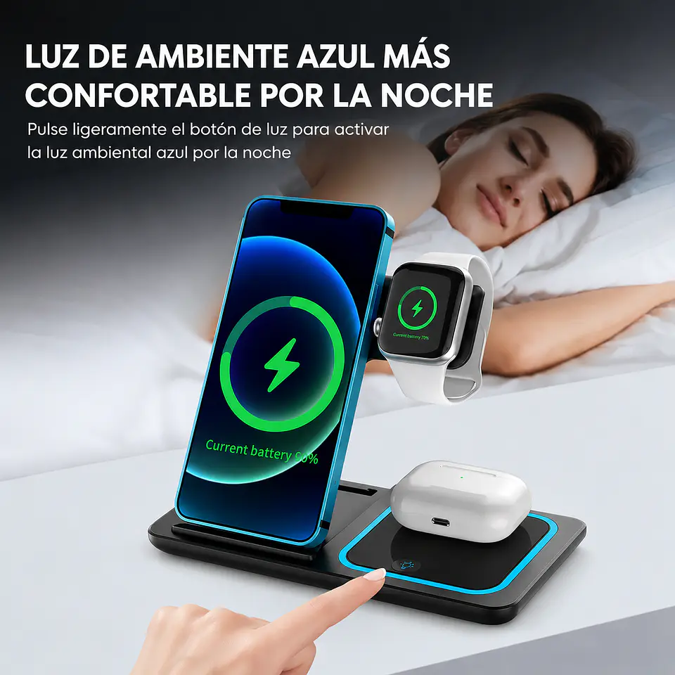 Cargador Inalámbrico 3 en 1 Pro Estación de Carga Rápida 15W Plegable 8