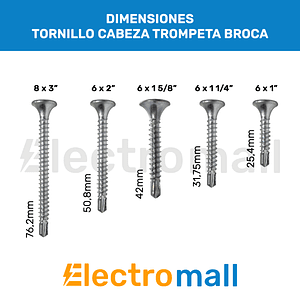 Tornillo Cabeza Plana Trompeta Punta Broca 8 x 3