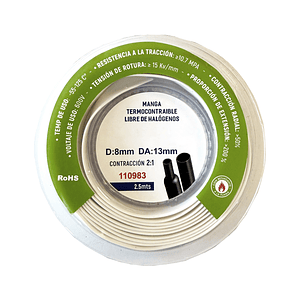 Manga Termocontraíble 8mm Libre de Halógenos 2,5m Blanca