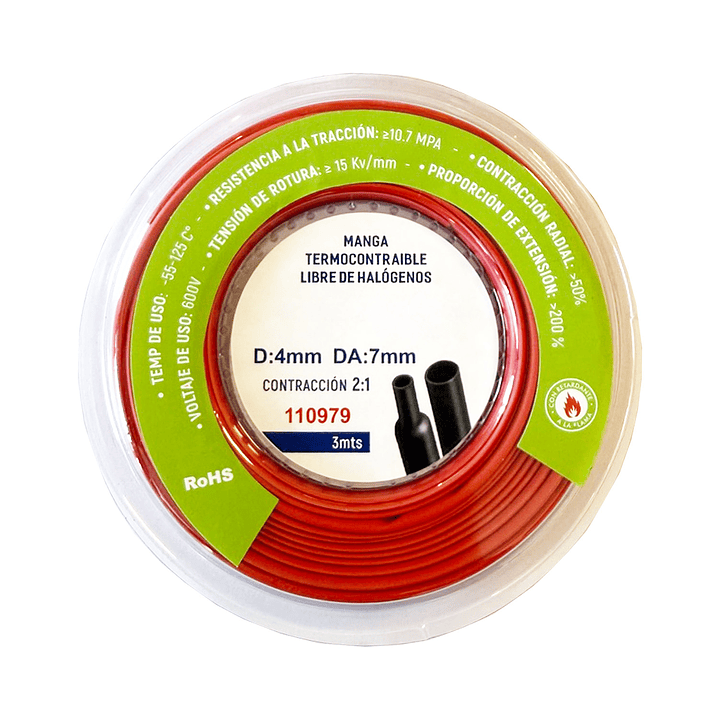 Manga Termocontraíble 4mm Libre de Halógenos 3m Rojo 1