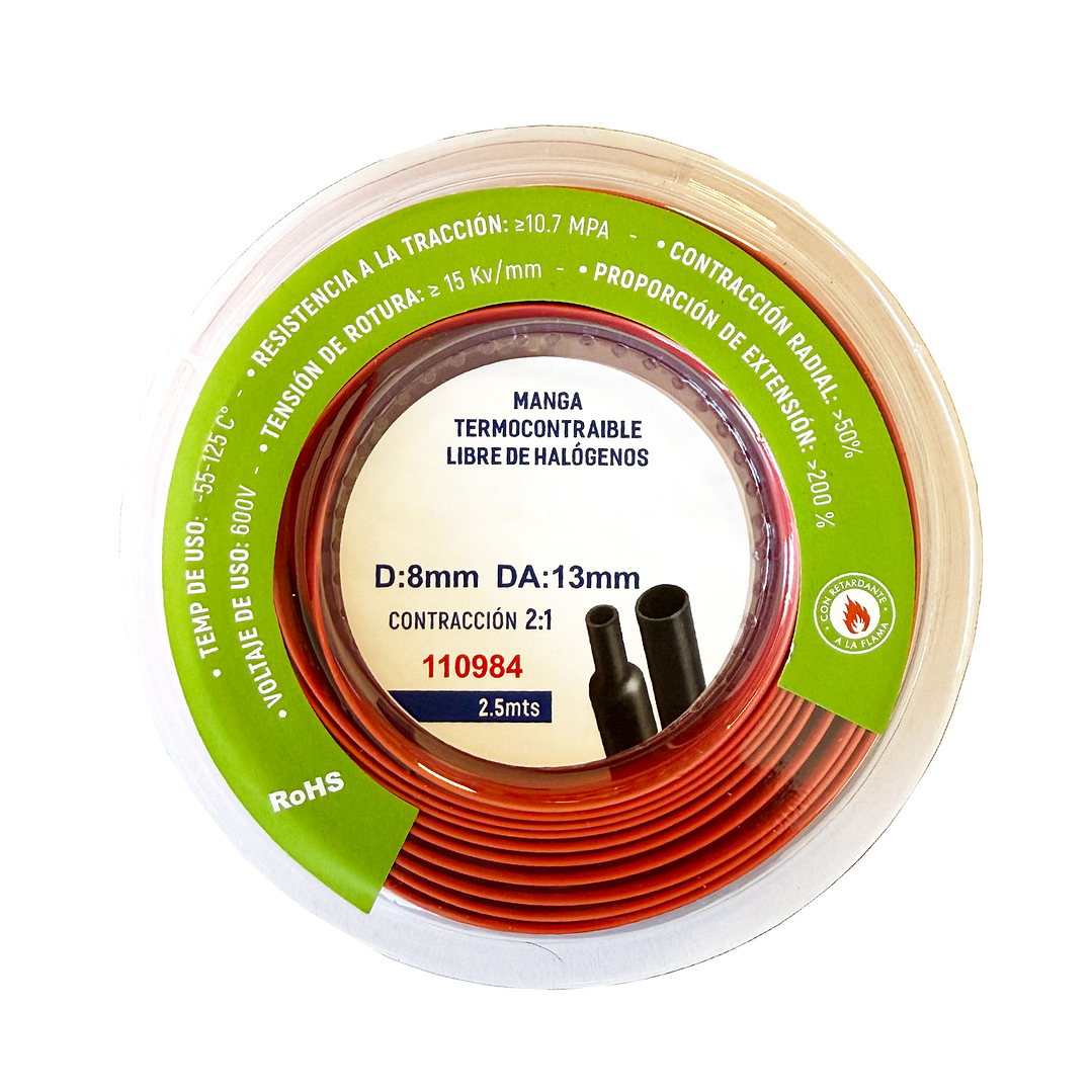 Manga Termocontraíble 8mm Libre de Halógenos 2,5m Rojo 1
