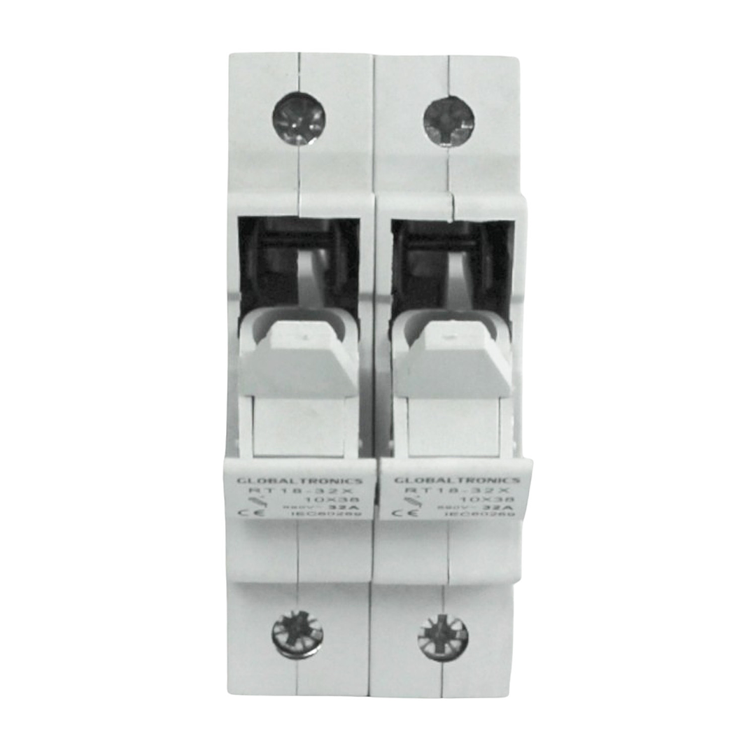 Portafusible 10x38 2 Polos con Visor Rojo 32A Riel Din 2