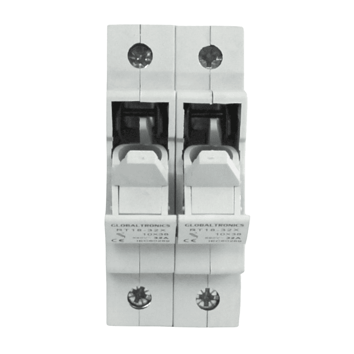 Portafusible 10x38 2 Polos con Visor Rojo 32A Riel Din 2