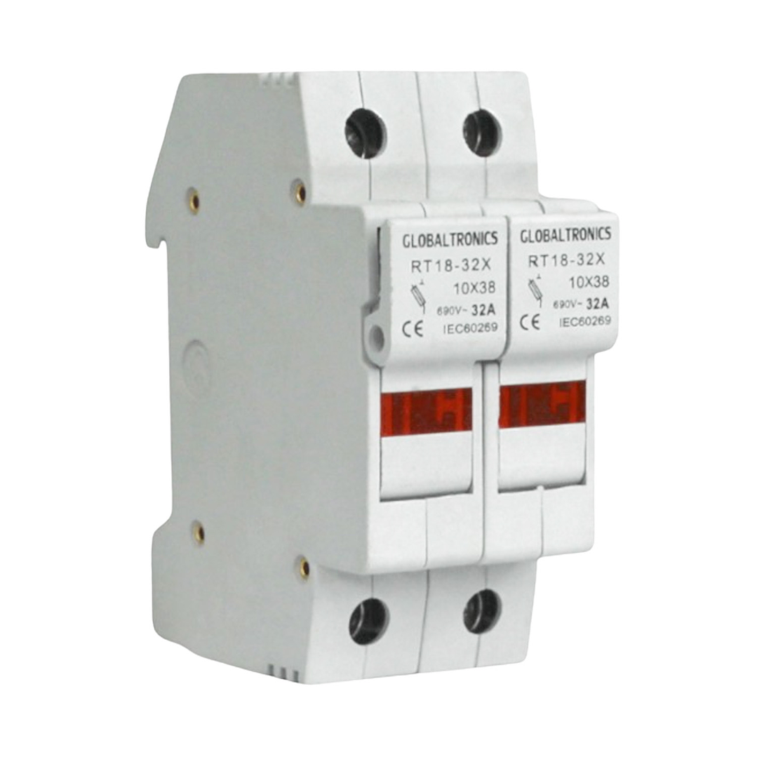 Portafusible 10x38 2 Polos con Visor Rojo 32A Riel Din 1