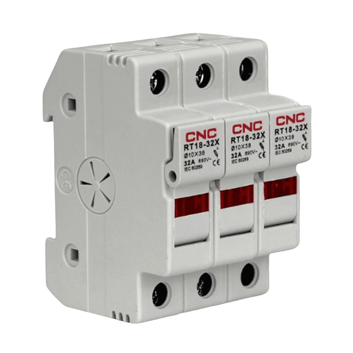 Portafusible 10x38 3 Polos con Visor Rojo 32A Riel Din 1