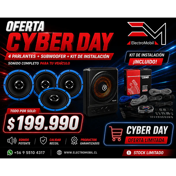 Combo Recoil Audio 4 Parlantes RCX65 6.5” + Subwoofer Amplificado Plano RLS10 10” | 150W RMS Bajo Asiento 1