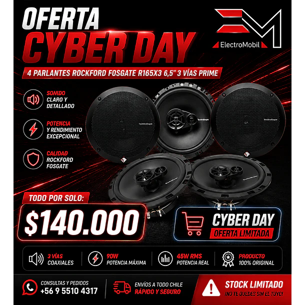 Parlantes Rockford Fosgate Prime R165X3 6.5” 3 Vías | 45W RMS / 90W Máx (Pack 4 Unidades) 1