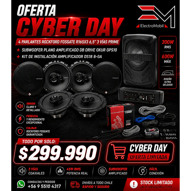 Combo Audio Rockford Fosgate + DB Drive Okur | 4 Parlantes R165X3 6.5” + Subwoofer Amplificado OPS10 + Kit DS18 8GA 1